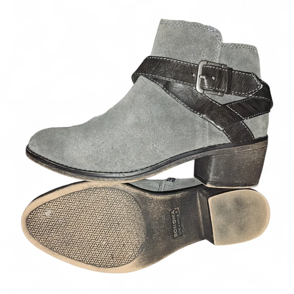 Sonoma Women's Size 6 Gray Suede Ankle Boots – Low Heel Side Zip & Buckle Straps